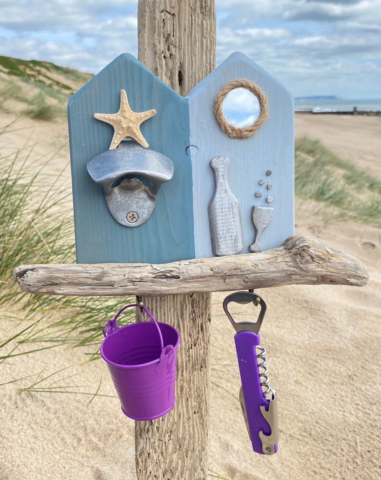 Rustic Wooden Beach Hut Bottle Opener - Double - Starfish, Mirror, Prosecco - Drift Craft by Jo