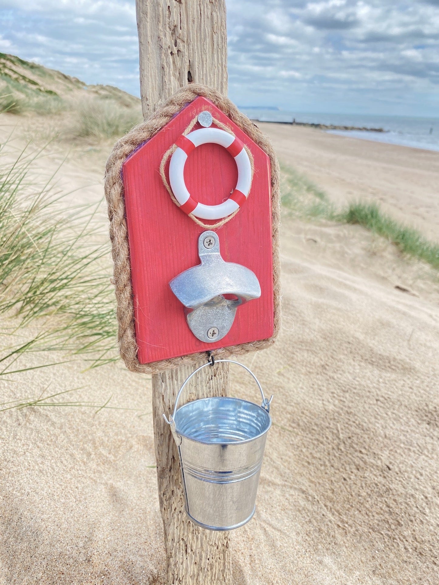 Rustic Wooden Bottle Opener with Bucket - Red, Bouy - Drift Craft by Jo