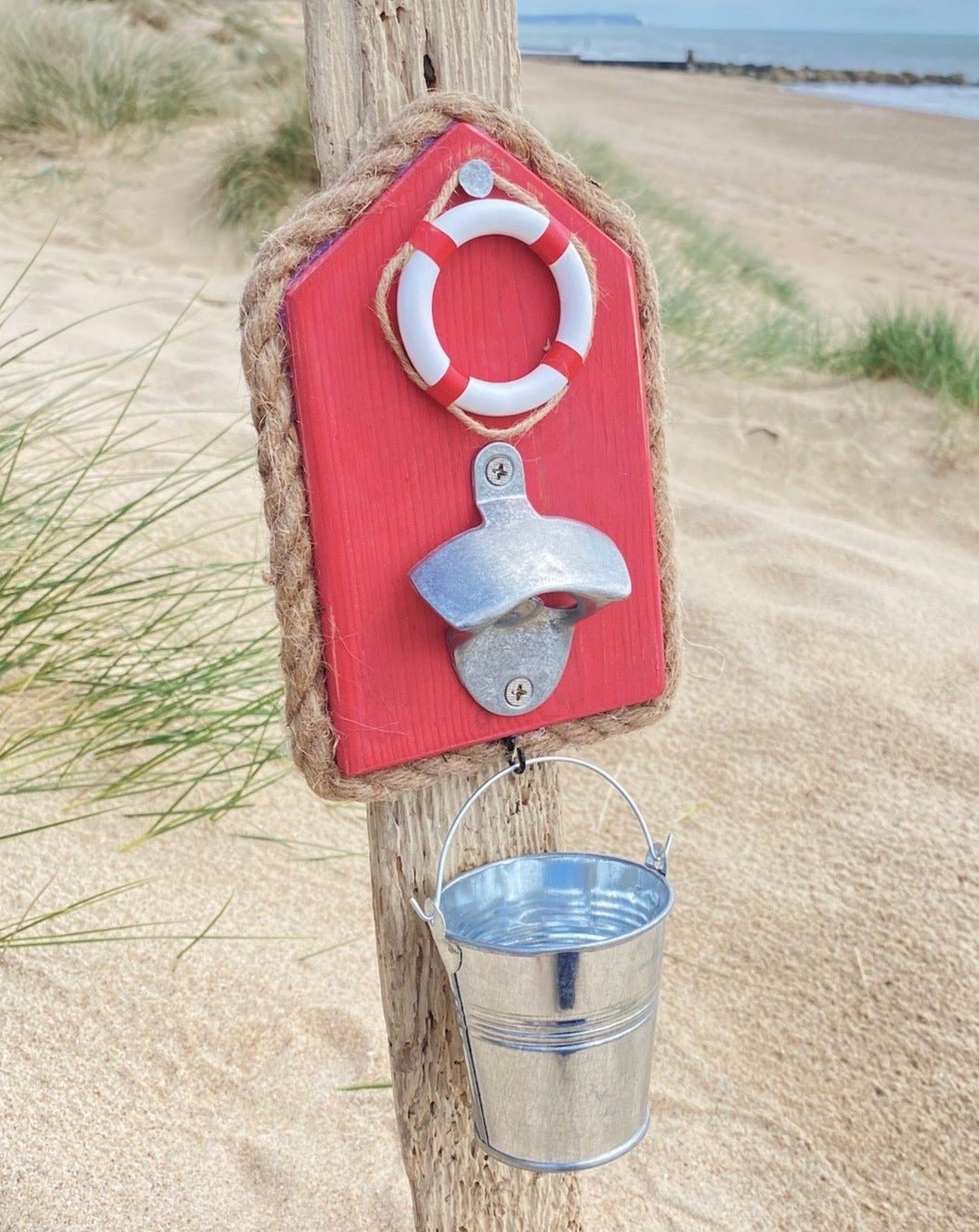Rustic Wooden Bottle Opener with Bucket - Red, Bouy - Drift Craft by Jo