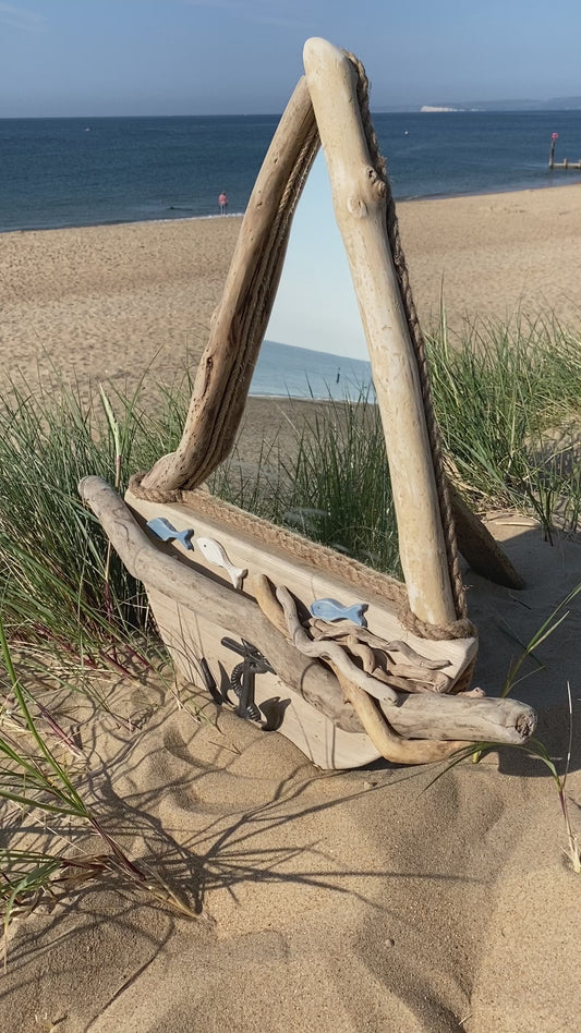 Driftwood mirror - sailboat with anchor hook and fish