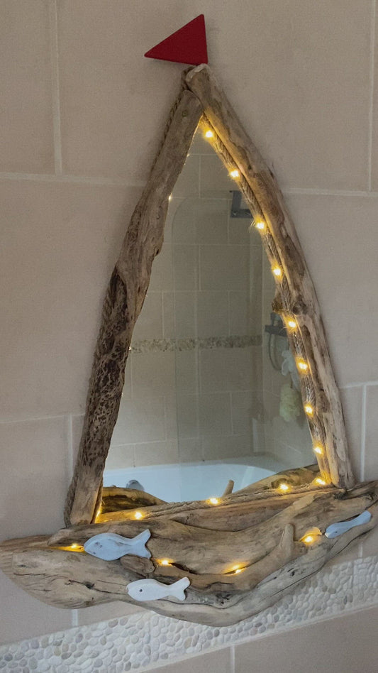 Driftwood Mirror - Sail Boat with Led Lights, Fish and Red Flag