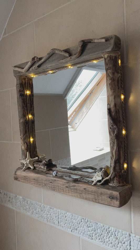 Driftwood Mirror - Square with Lights and Starfish Detail