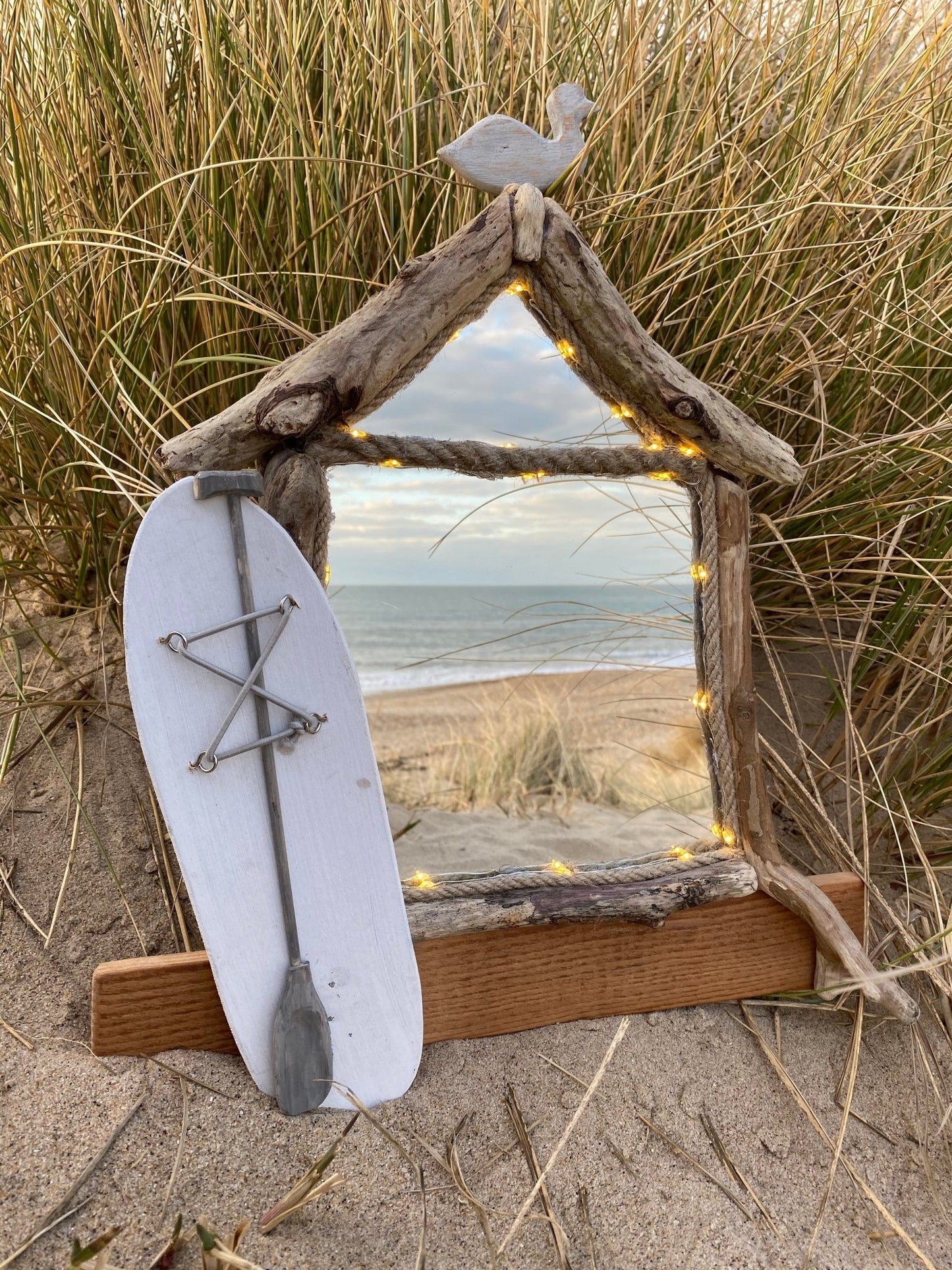 Driftwood Beach House Illuminating Mirror with Paddleboard and Seagull - Drift Craft by Jo