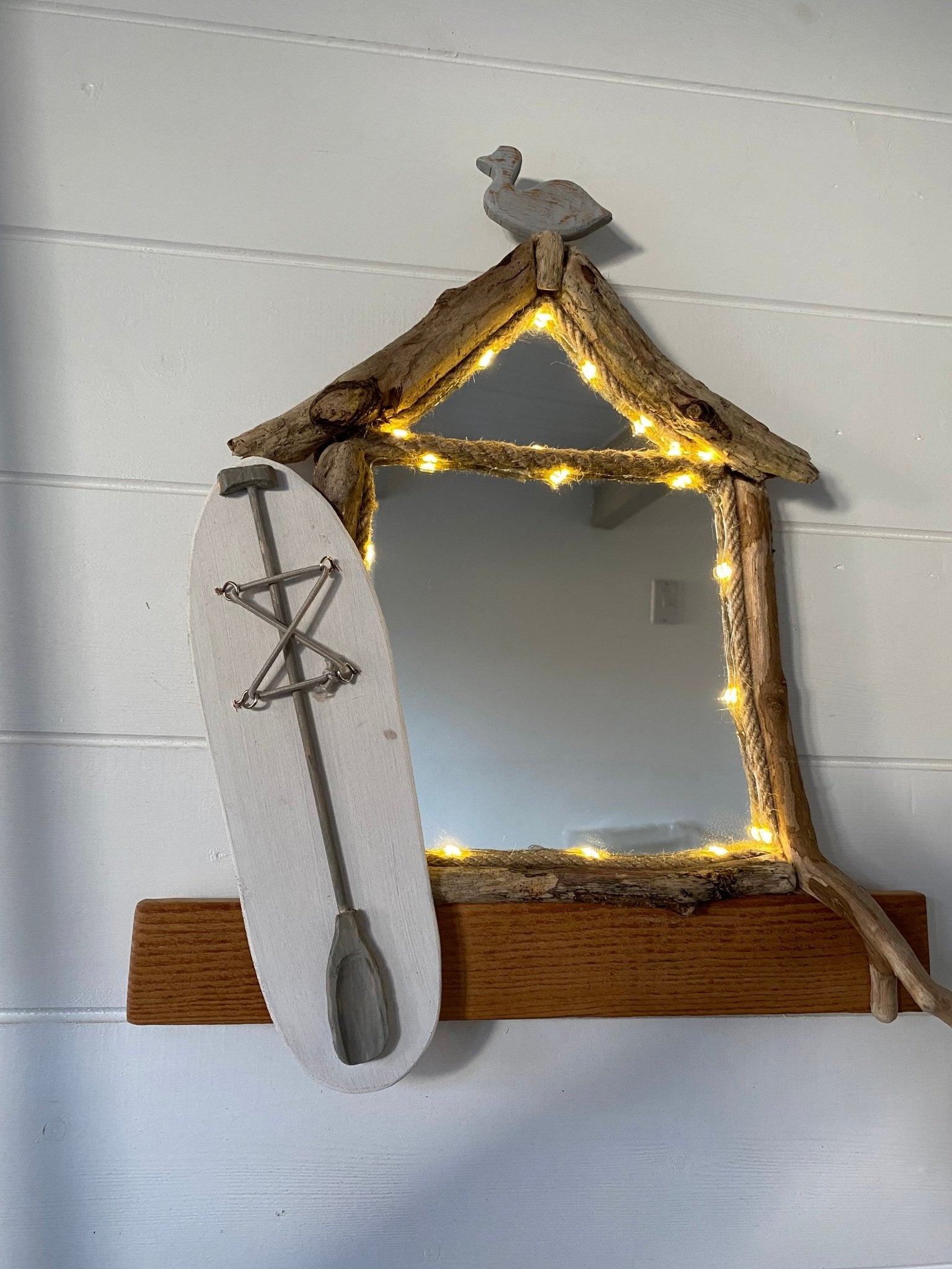 Driftwood Beach House Illuminating Mirror with Paddleboard and Seagull - Drift Craft by Jo