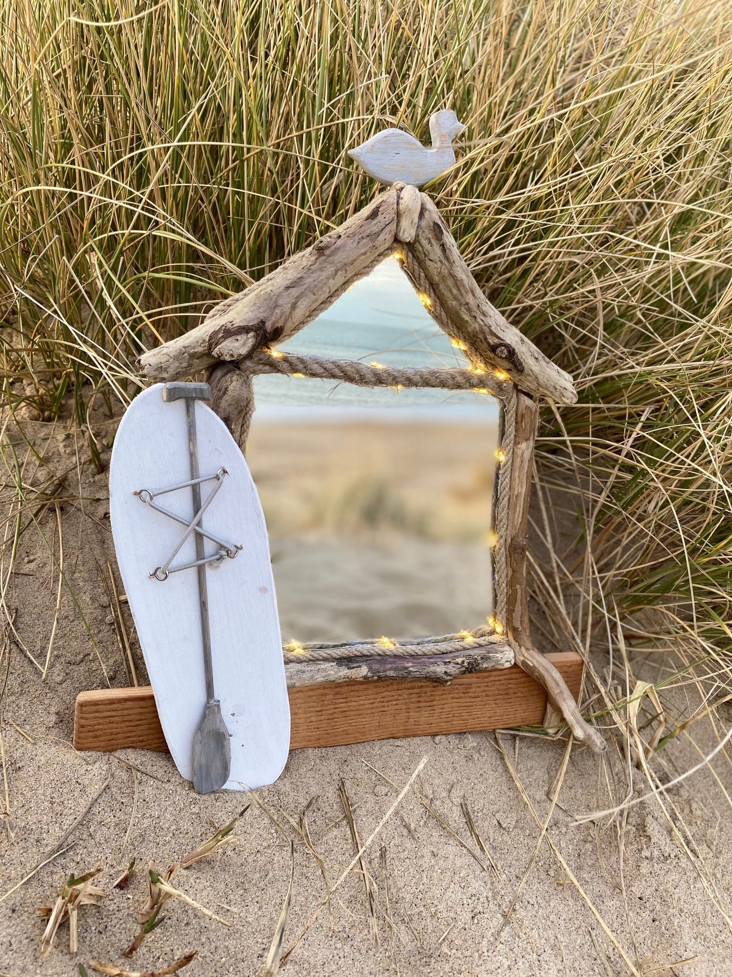 Driftwood Beach House Illuminating Mirror with Paddleboard and Seagull - Drift Craft by Jo