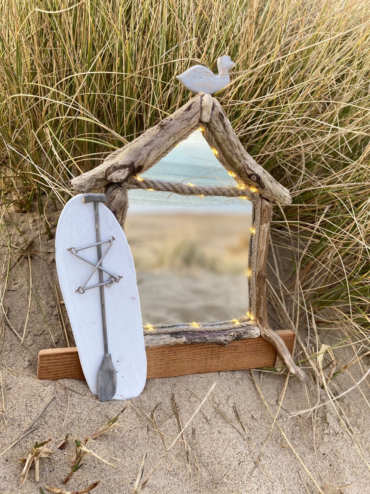 Driftwood Beach House Illuminating Mirror with Paddleboard and Seagull - Drift Craft by Jo