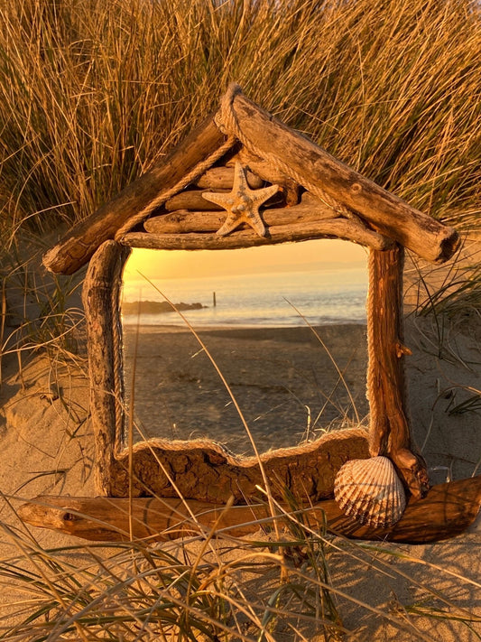 Driftwood Beach House Illuminating Mirror with Starfish and Shell - Drift Craft by Jo