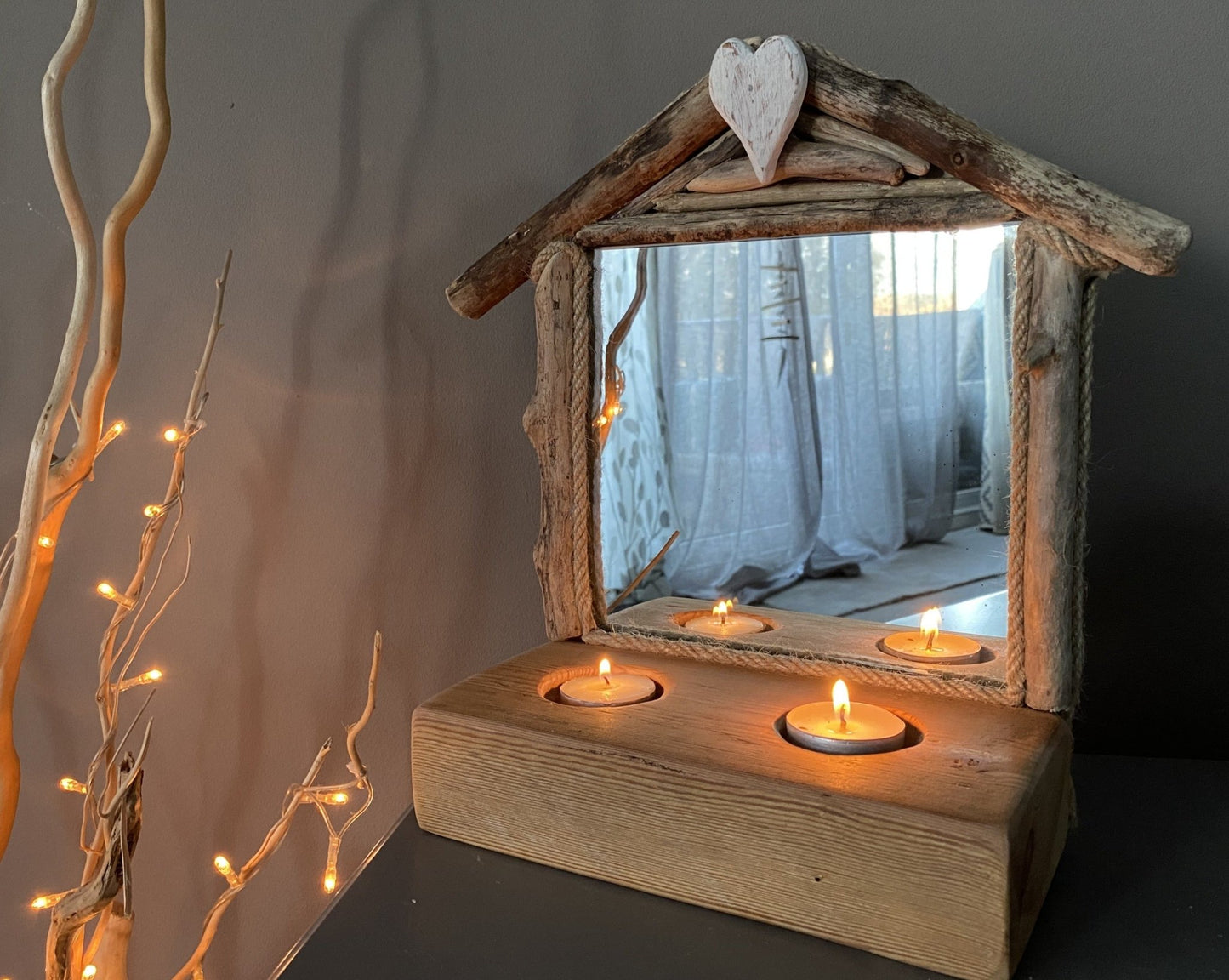 Driftwood Beach House Mirror with Tea light holders and Heart - Drift Craft by Jo