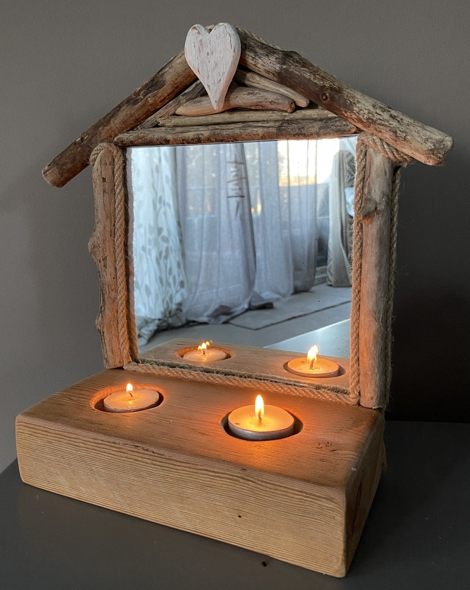 Driftwood Beach House Mirror with Tea light holders and Heart - Drift Craft by Jo