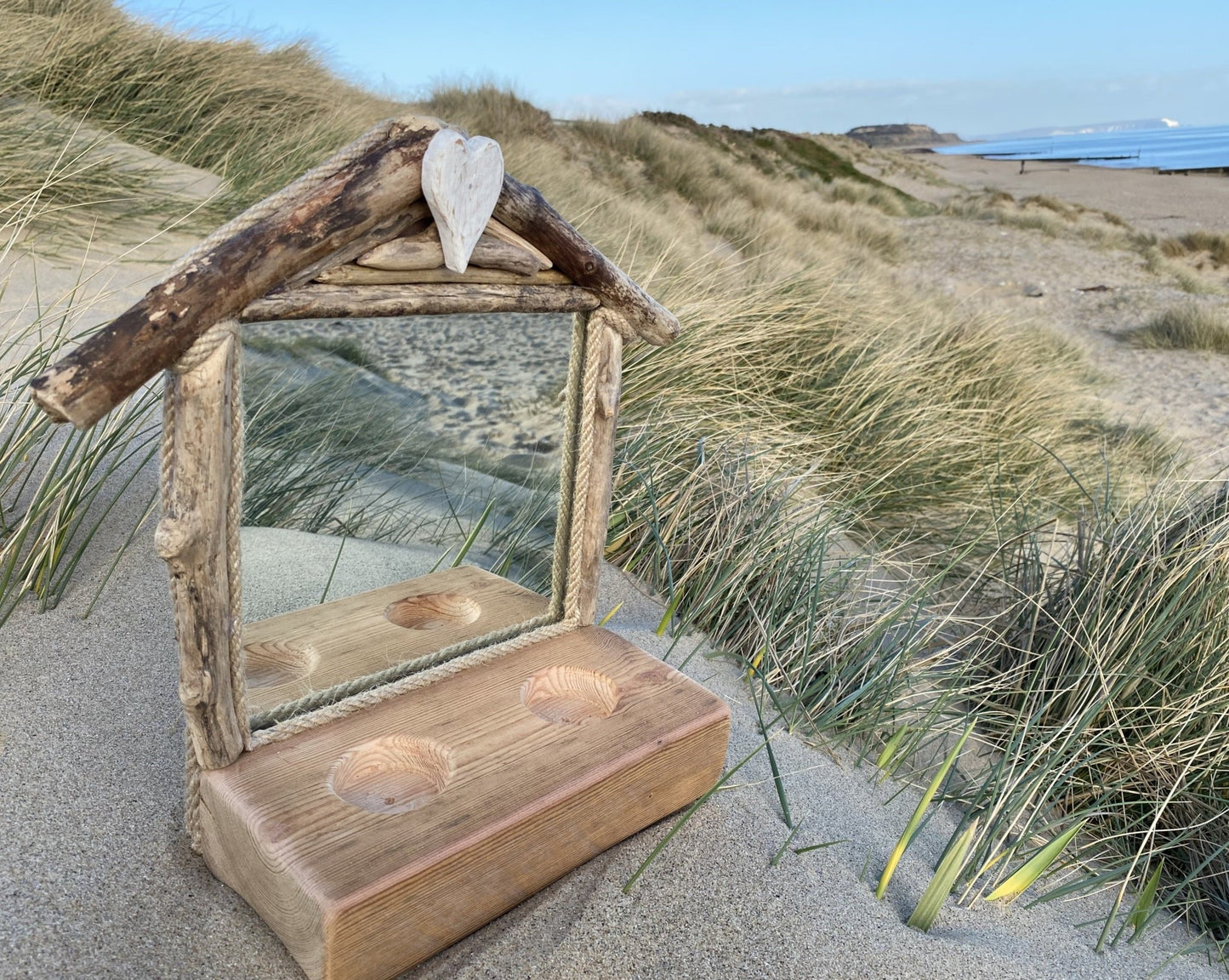 Driftwood Beach House Mirror with Tea light holders and Heart - Drift Craft by Jo