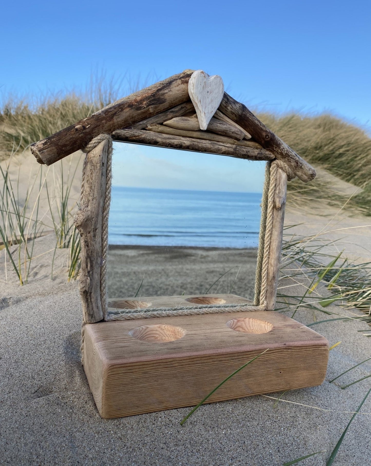 Driftwood Beach House Mirror with Tea light holders and Heart - Drift Craft by Jo