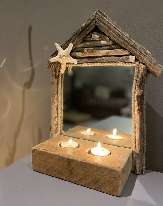 Driftwood Beach House Mirror with Tea light holders and Starfish - Drift Craft by Jo
