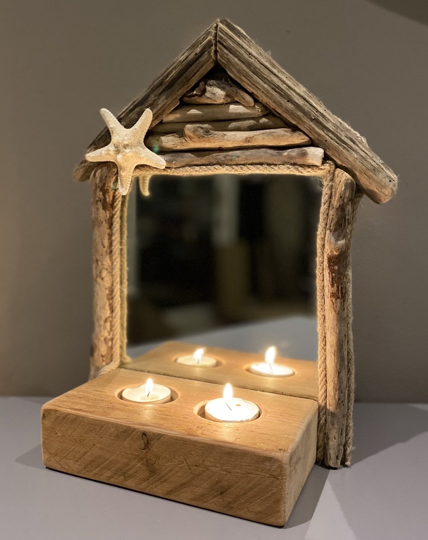 Driftwood Beach House Mirror with Tea light holders and Starfish - Drift Craft by Jo