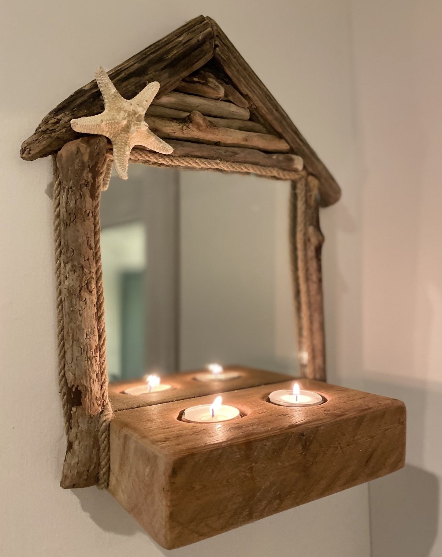 Driftwood Beach House Mirror with Tea light holders and Starfish - Drift Craft by Jo