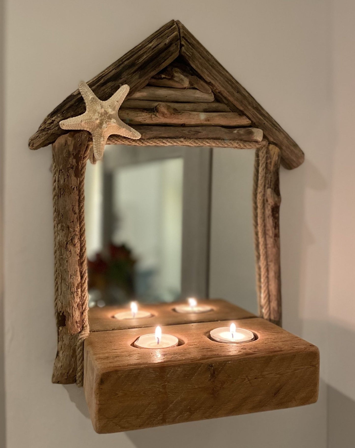 Driftwood Beach House Mirror with Tea light holders and Starfish - Drift Craft by Jo