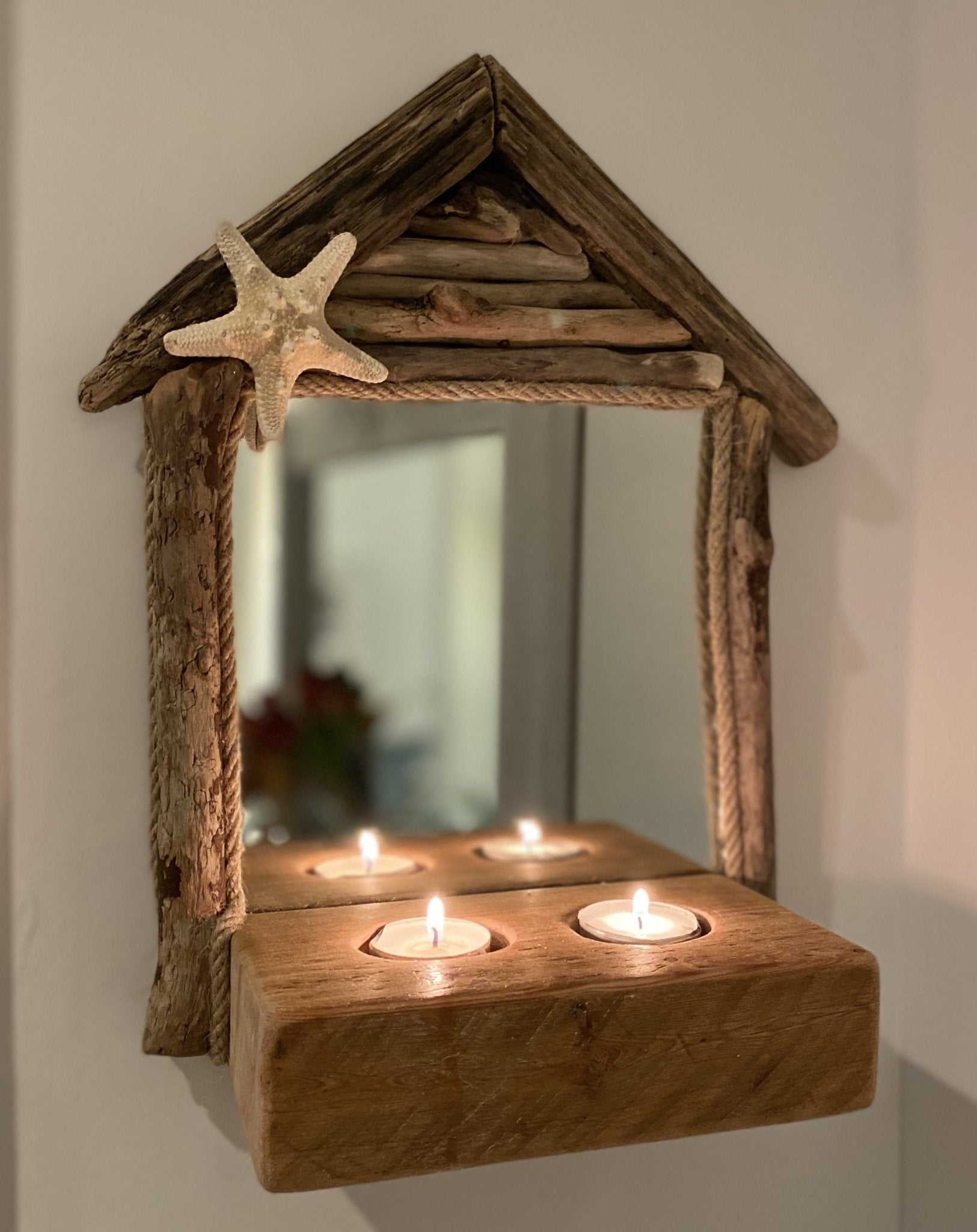 Driftwood Beach House Mirror with Tea light holders and Starfish - Drift Craft by Jo