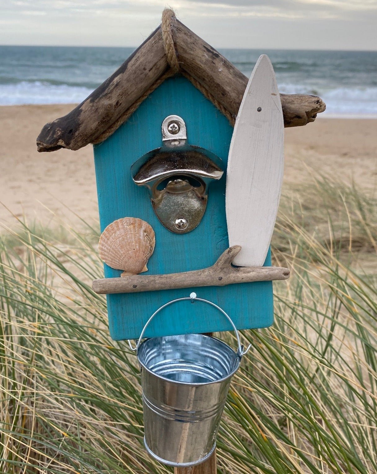 Driftwood Beach Hut Bottle Opener - Surfboard and Silver Bucket - Drift Craft by Jo