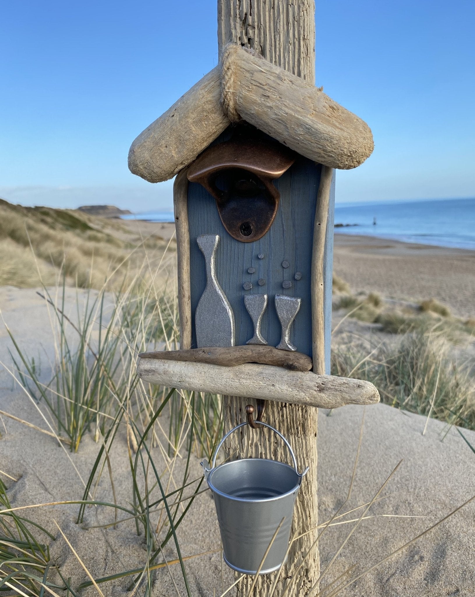 Driftwood Beach Hut Bottle Opener with Bucket - Blue Prosecco - Drift Craft by Jo