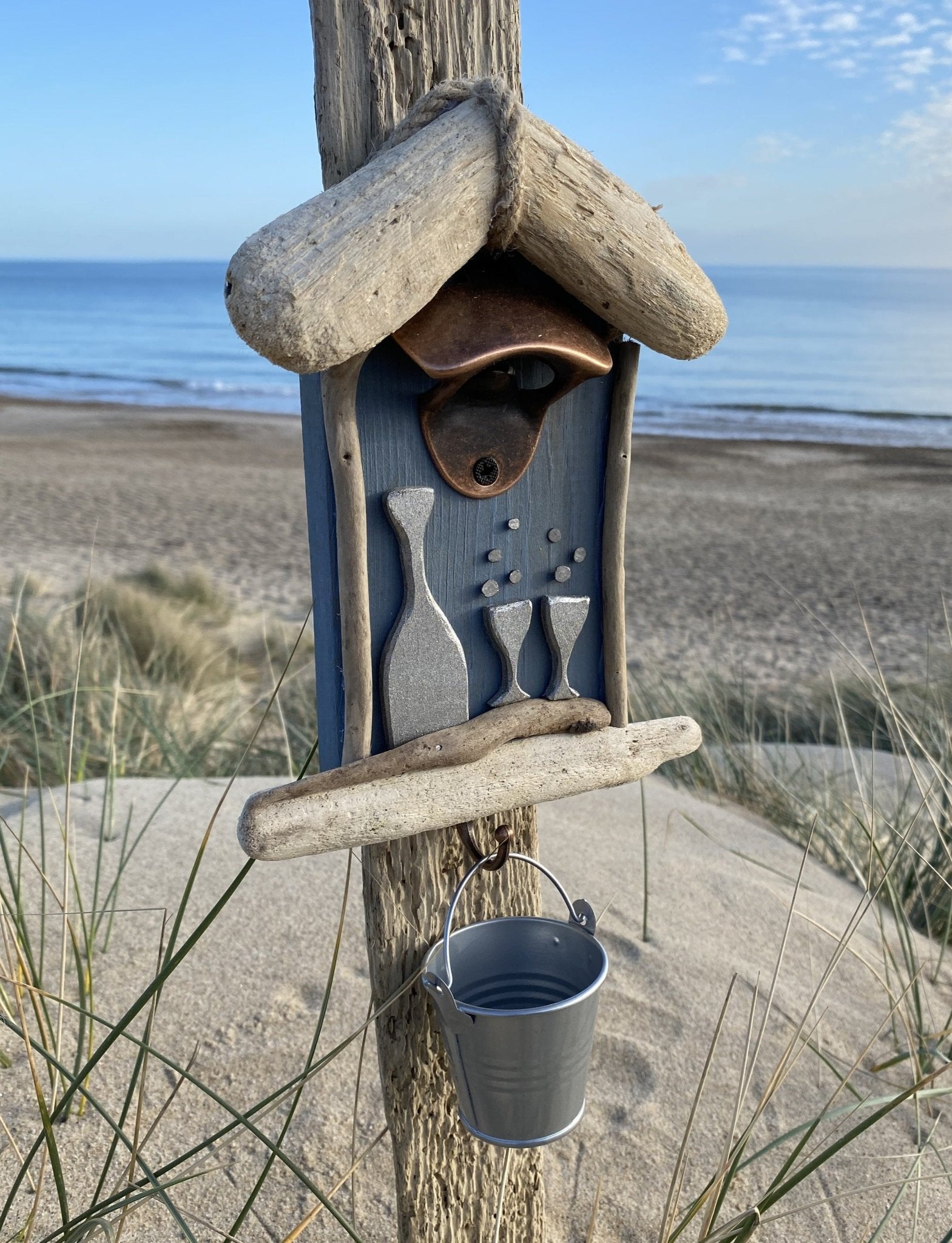 Driftwood Beach Hut Bottle Opener with Bucket - Blue Prosecco - Drift Craft by Jo