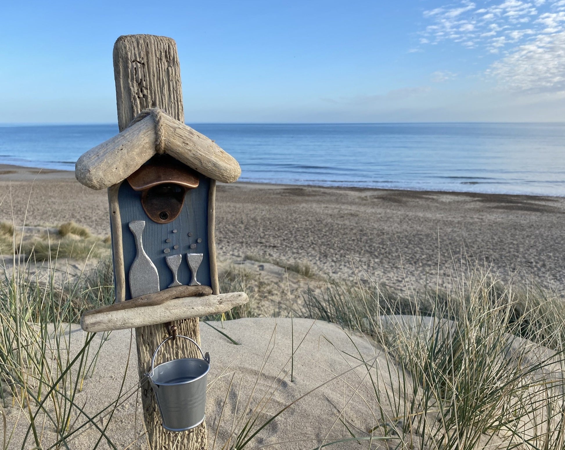 Driftwood Beach Hut Bottle Opener with Bucket - Blue Prosecco - Drift Craft by Jo