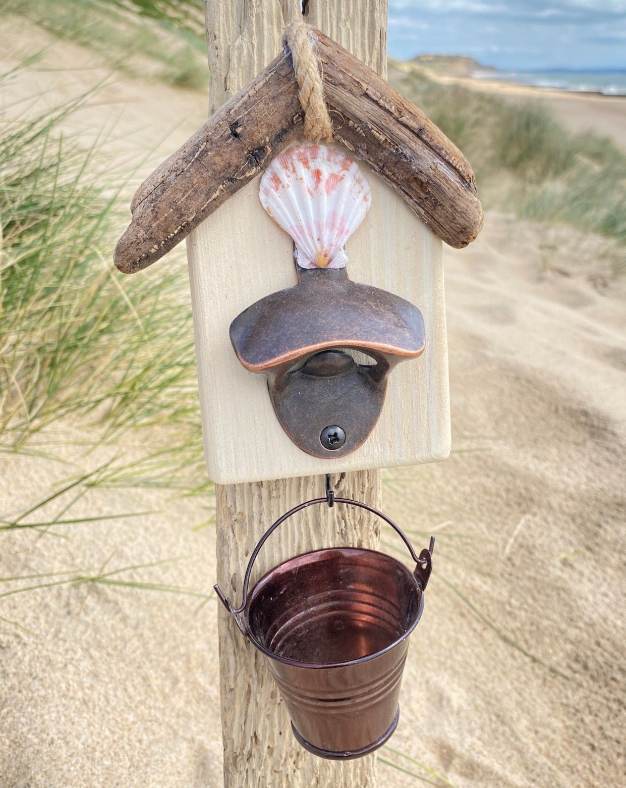 Driftwood Beach Hut Bottle Opener with Bucket - Mini - Various Colours - Drift Craft by Jo