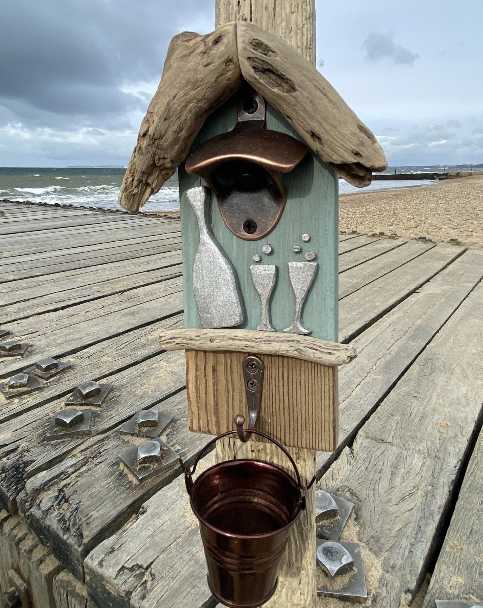 Driftwood Beach Hut Bottle Opener with bucket - Teal Prosecco - Drift Craft by Jo