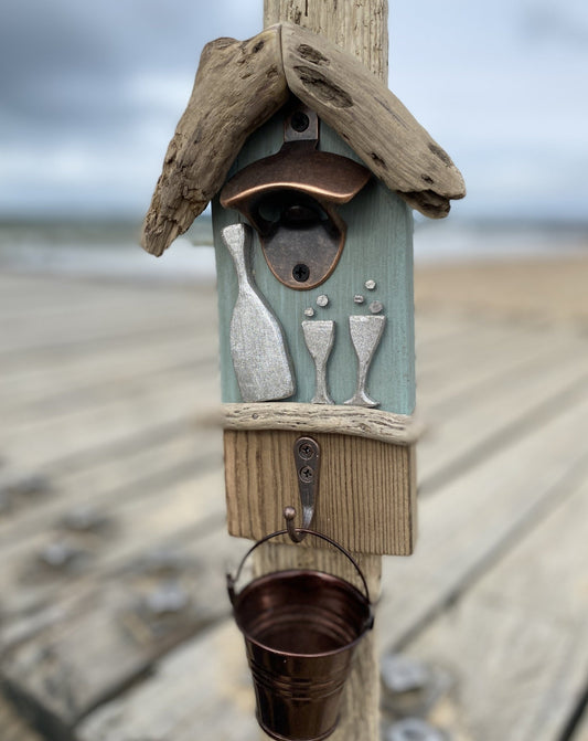 Driftwood Beach Hut Bottle Opener with bucket - Teal Prosecco - Drift Craft by Jo