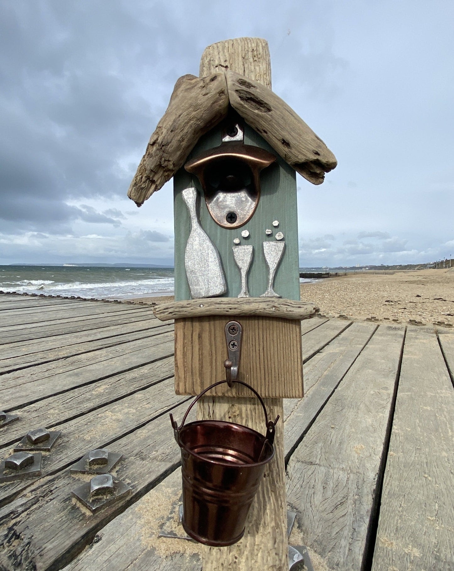 Driftwood Beach Hut Bottle Opener with bucket - Teal Prosecco - Drift Craft by Jo