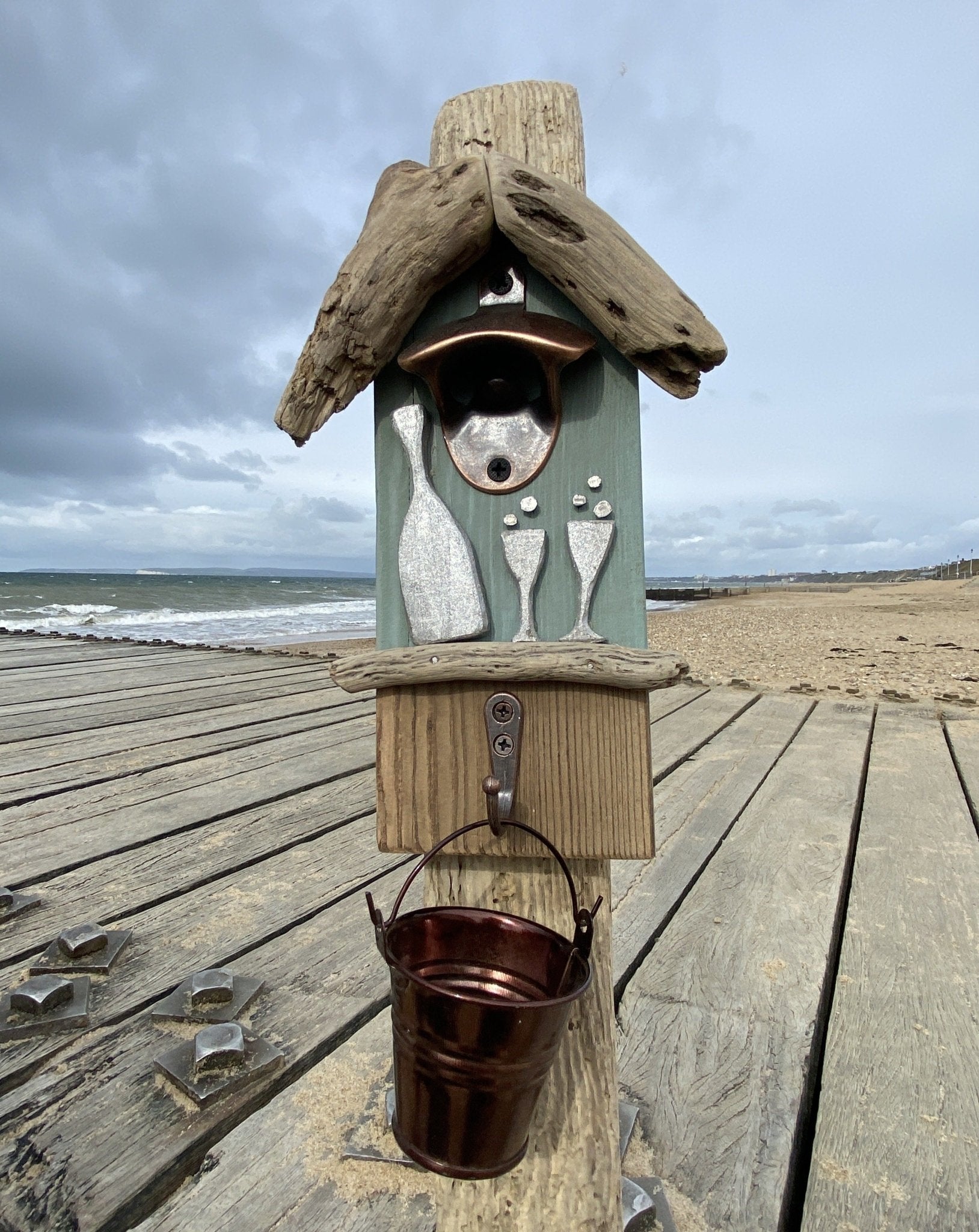 Driftwood Beach Hut Bottle Opener with bucket - Teal Prosecco - Drift Craft by Jo