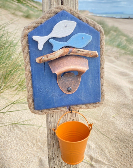 Driftwood Beach Hut Bottle Opener with Fish and Orange Bucket - Drift Craft by Jo