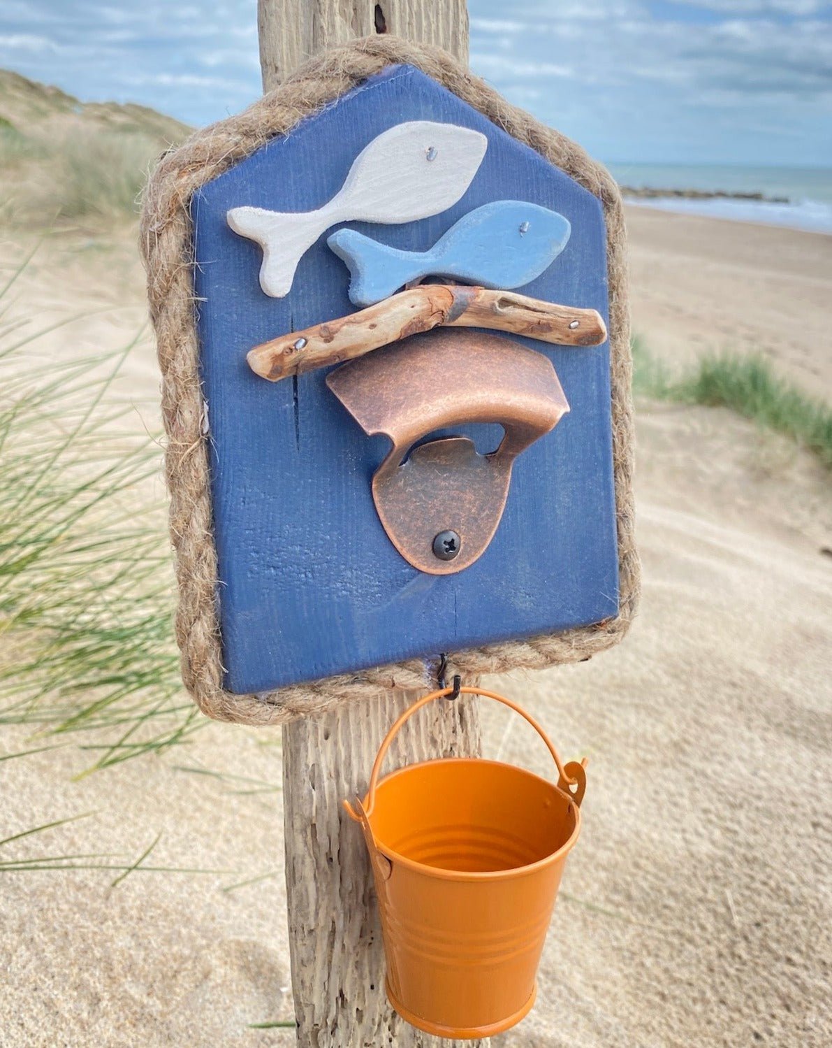 Driftwood Beach Hut Bottle Opener with Fish and Orange Bucket - Drift Craft by Jo