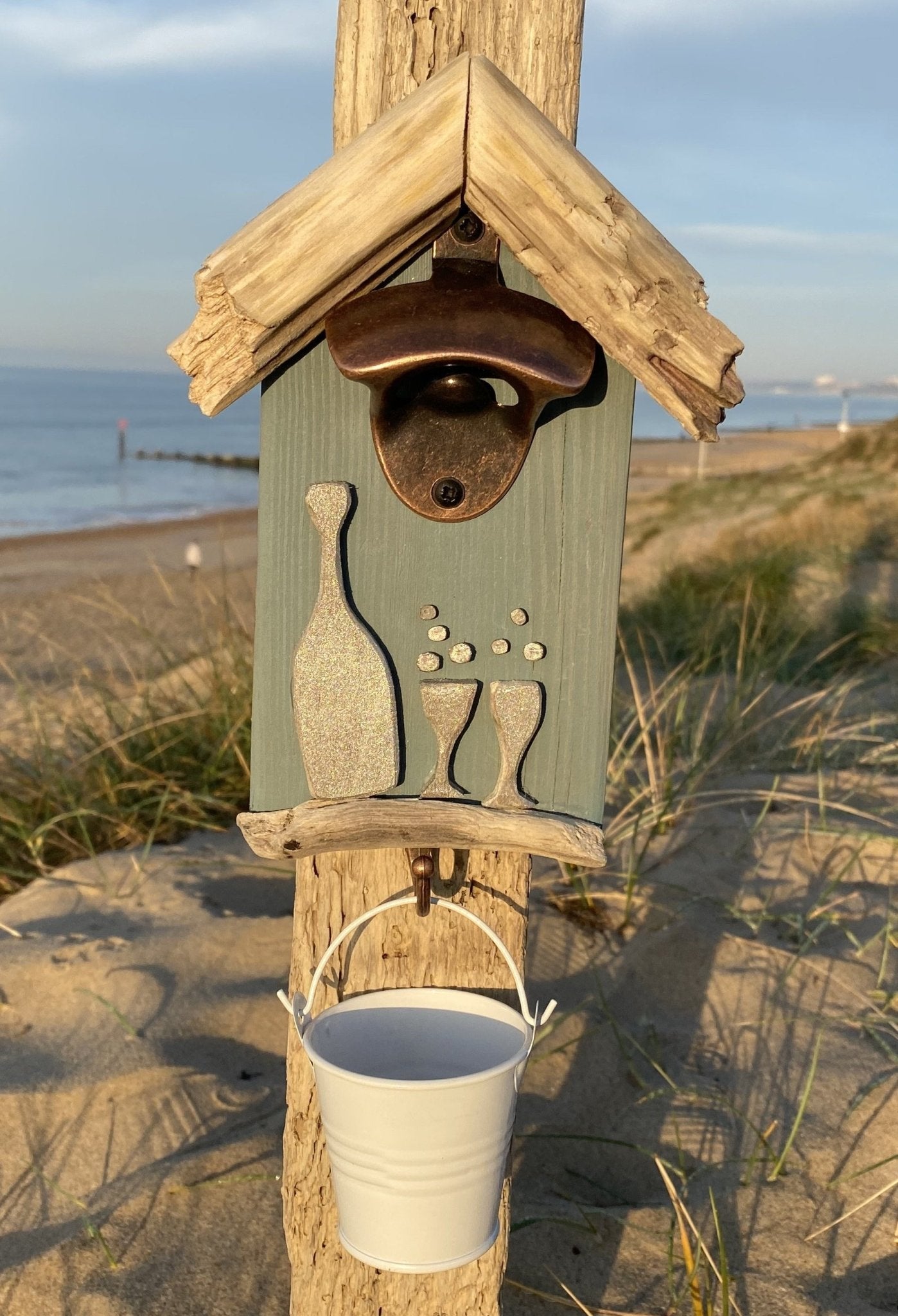 Driftwood beach hut bottle opener with Prosecco and white bucket - Drift Craft by Jo
