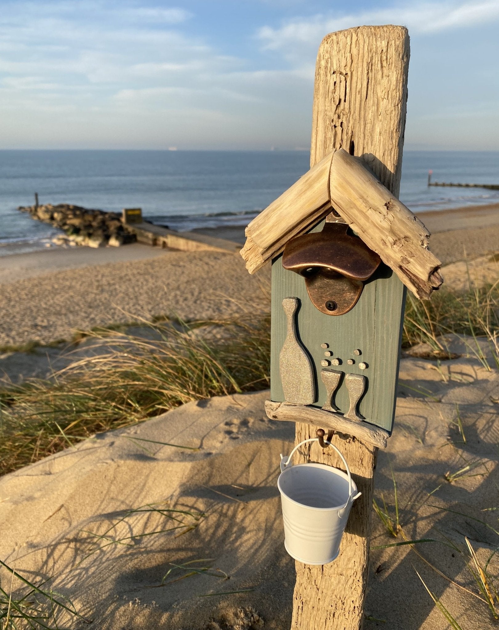 Driftwood beach hut bottle opener with Prosecco and white bucket - Drift Craft by Jo