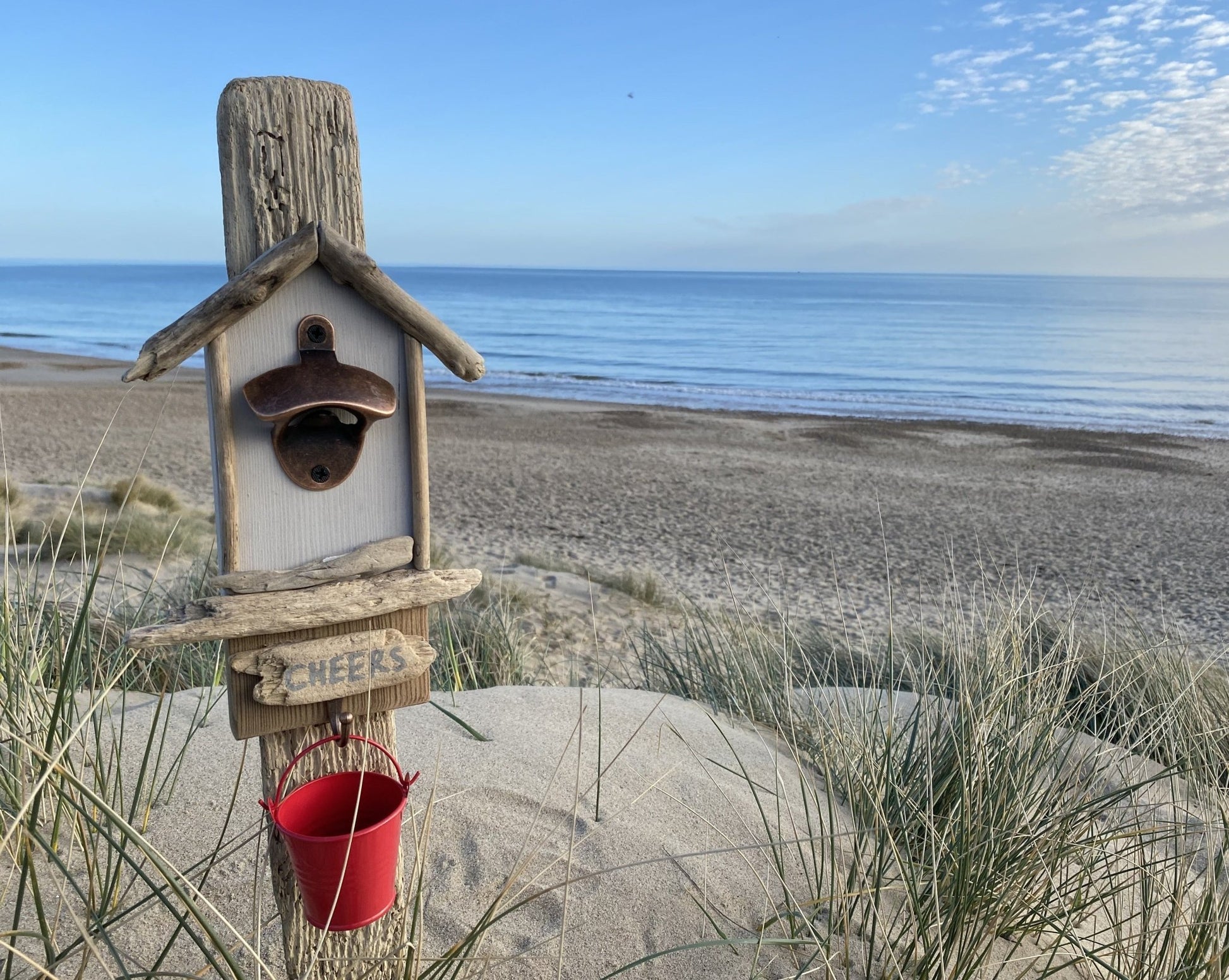 Driftwood Beach Hut Bottle Opener with Red Bucket - Drift Craft by Jo