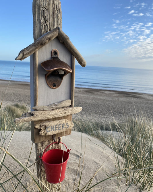 Driftwood Beach Hut Bottle Opener with Red Bucket - Drift Craft by Jo