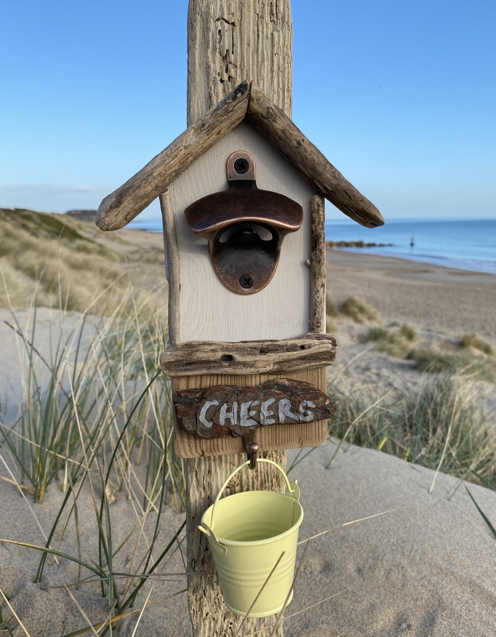 Driftwood Beach Hut Bottle Opener with Yellow Bucket - Drift Craft by Jo