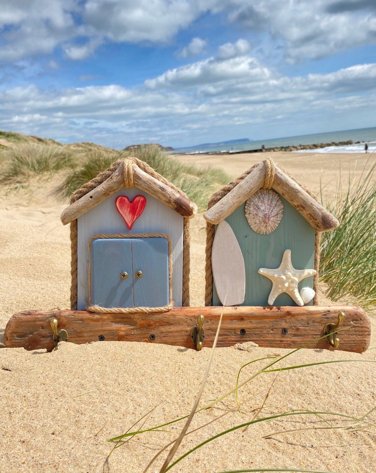 Driftwood Beach Hut Coat Hooks - Double - Red Heart, Surfboard, Starfish, Shells - Drift Craft by Jo