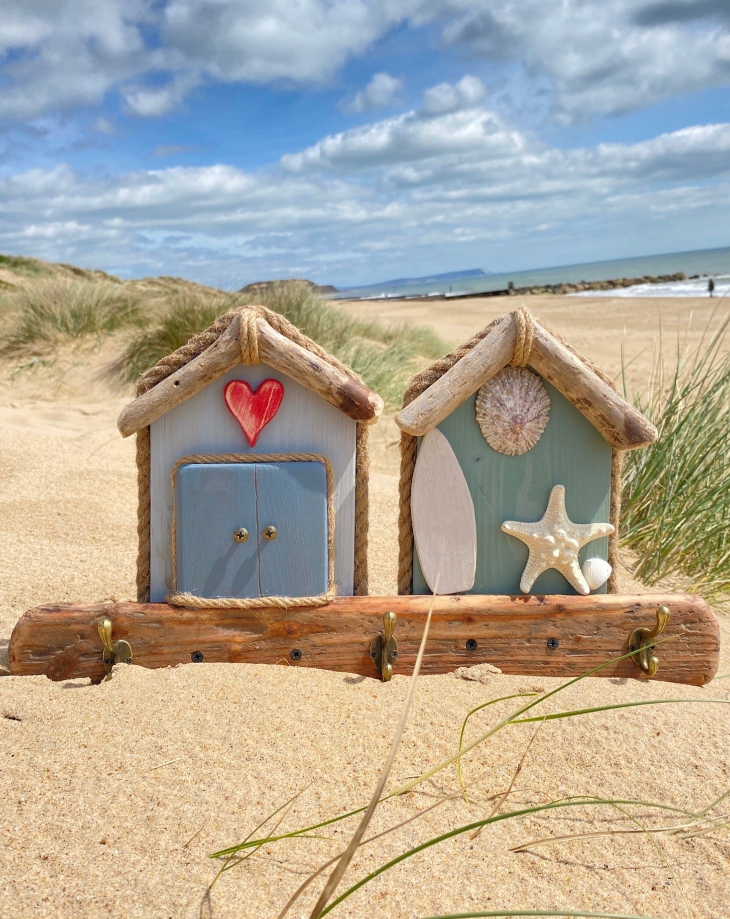 Driftwood Beach Hut Coat Hooks - Double - Red Heart, Surfboard, Starfish, Shells - Drift Craft by Jo