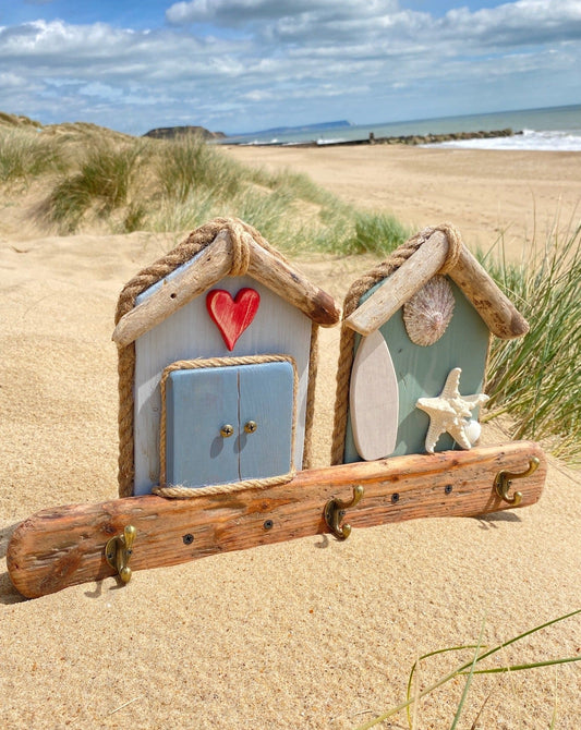 Driftwood Beach Hut Coat Hooks - Double - Red Heart, Surfboard, Starfish, Shells - Drift Craft by Jo