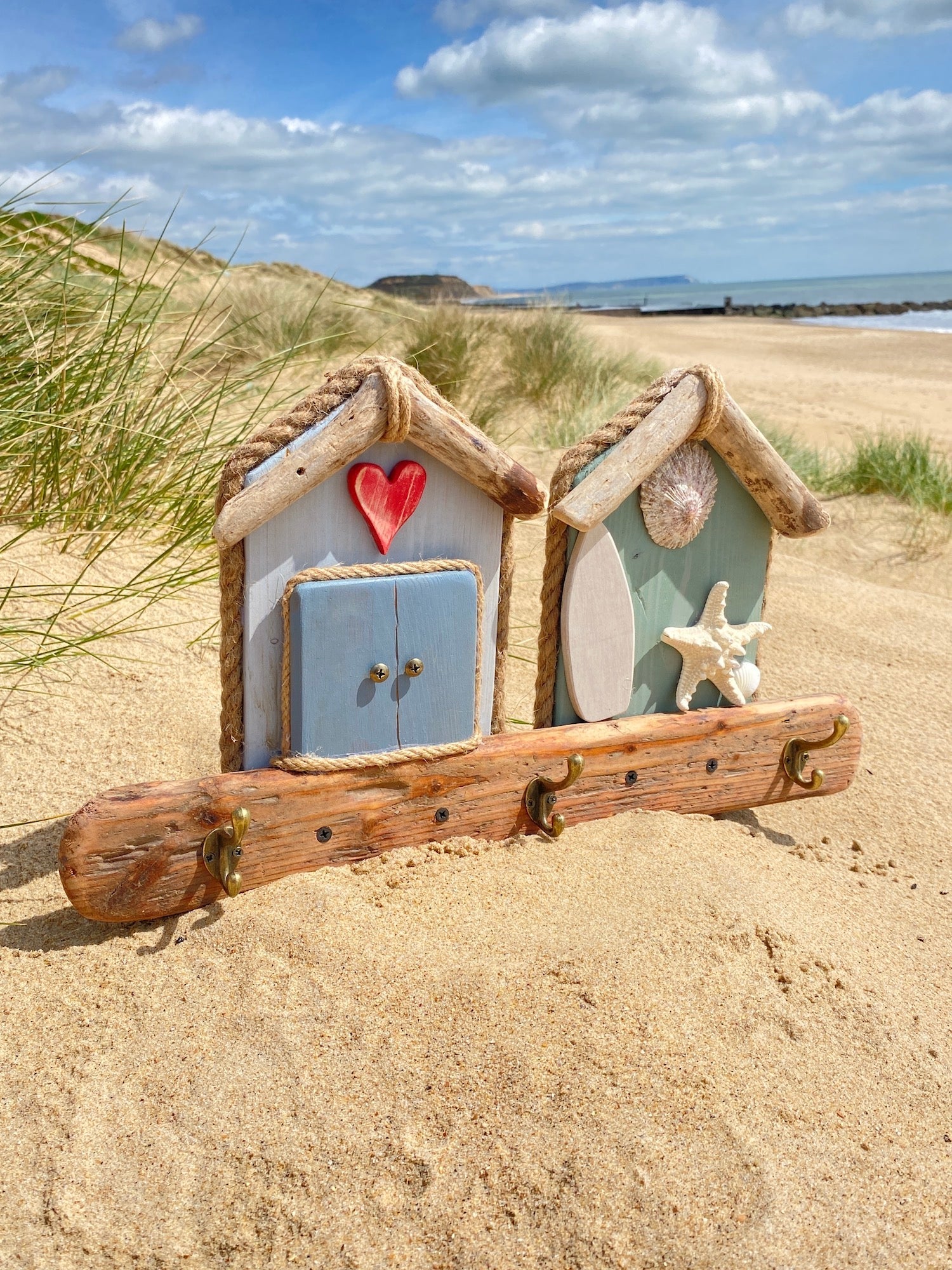 Driftwood Beach Hut Coat Hooks - Double - Red Heart, Surfboard, Starfish, Shells - Drift Craft by Jo