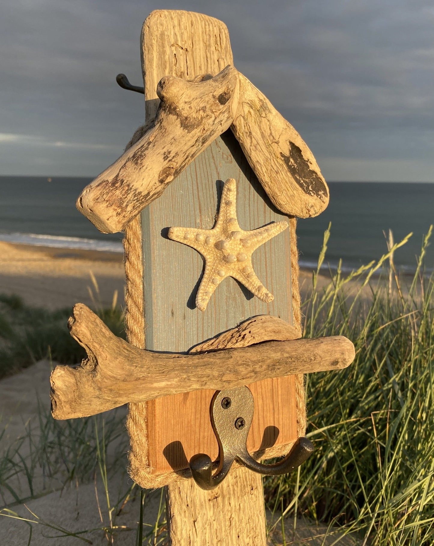 Driftwood Beach Hut Hook with Starfish - Blue - Drift Craft by Jo