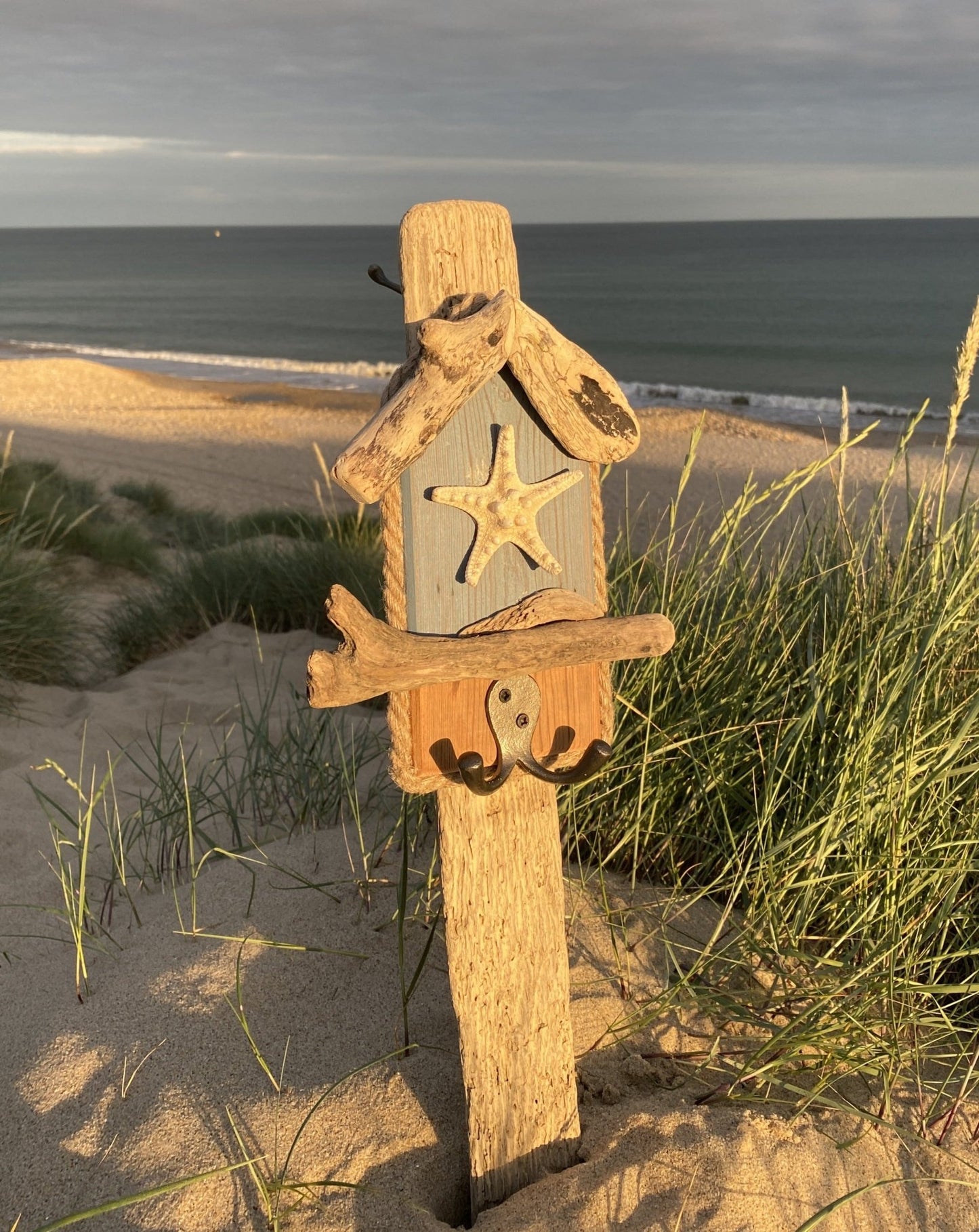 Driftwood Beach Hut Hook with Starfish - Blue - Drift Craft by Jo