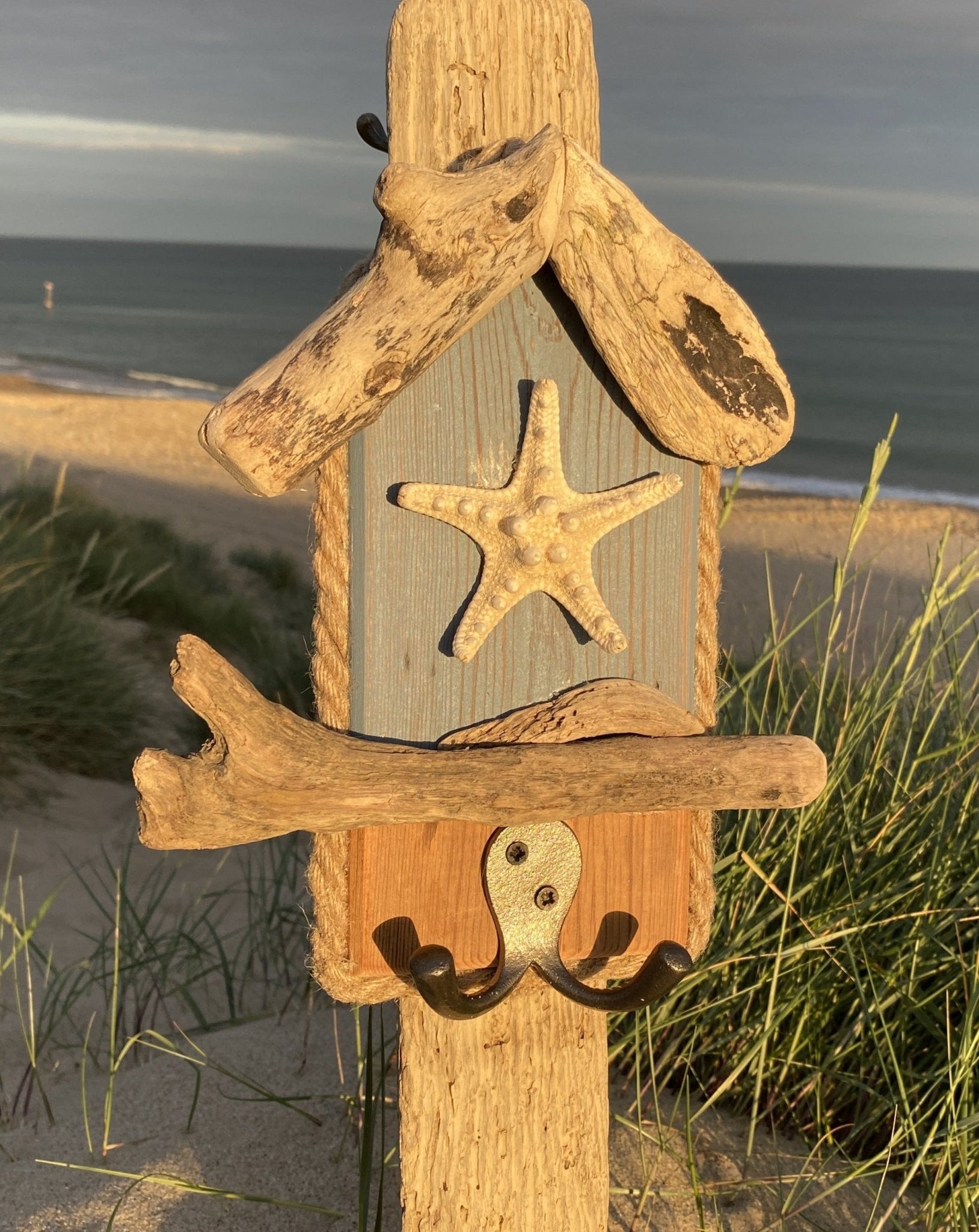 Driftwood Beach Hut Hook with Starfish - Blue - Drift Craft by Jo
