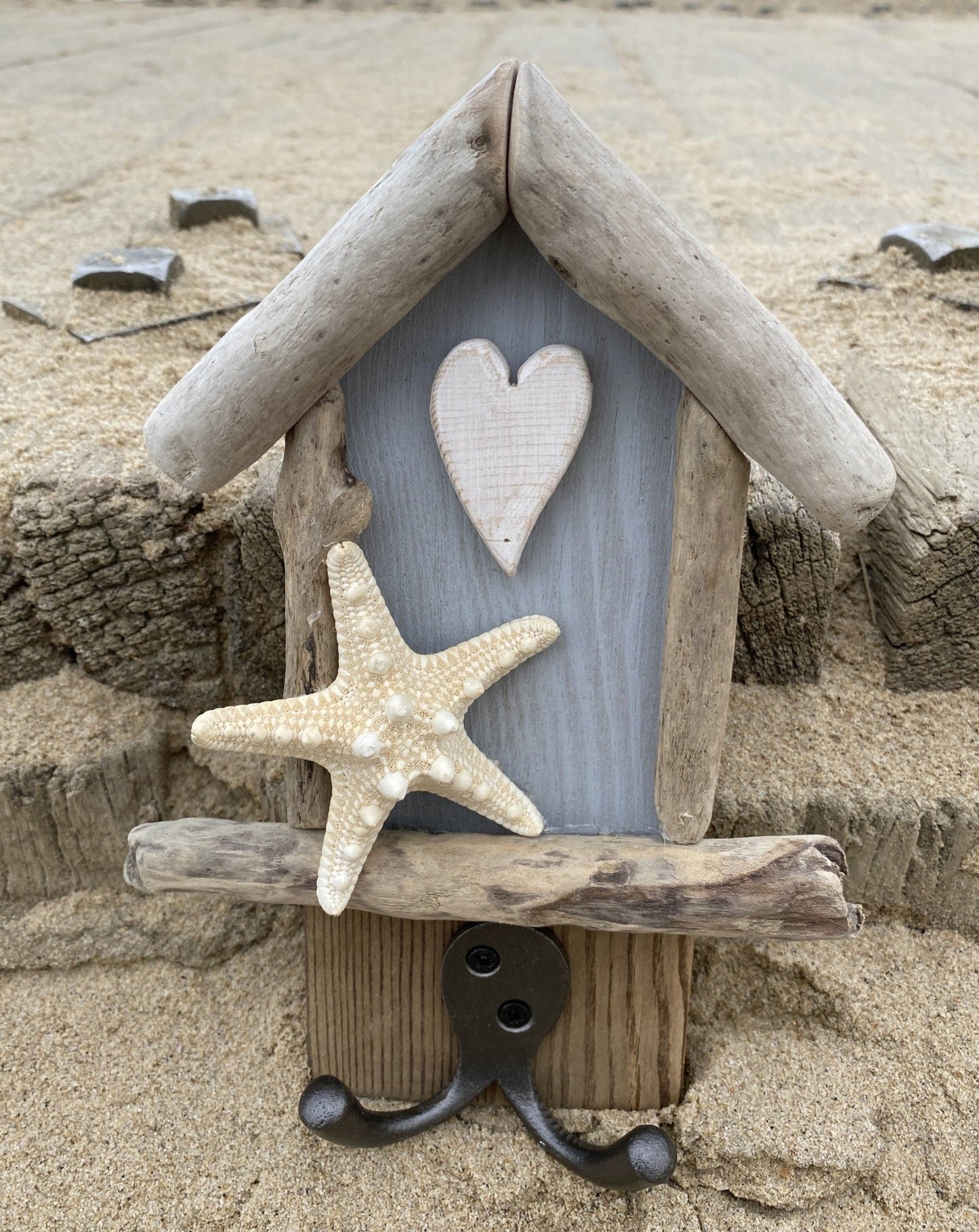 Driftwood Beach Hut Hook with Starfish & Heart - Light Blue - Drift Craft by Jo