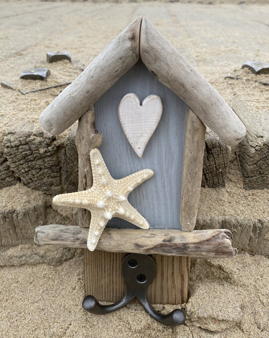 Driftwood Beach Hut Hook with Starfish & Heart - Light Blue - Drift Craft by Jo