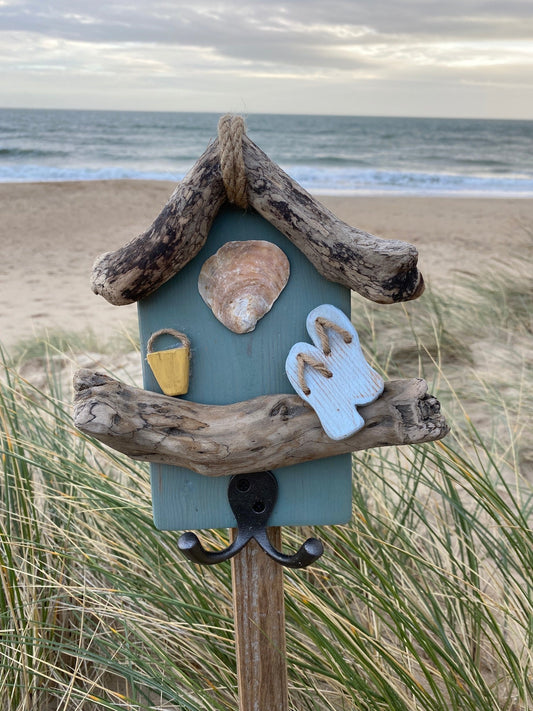 Driftwood Beach Hut Hooks with flip flops and bucket - Sage Green - Drift Craft by Jo