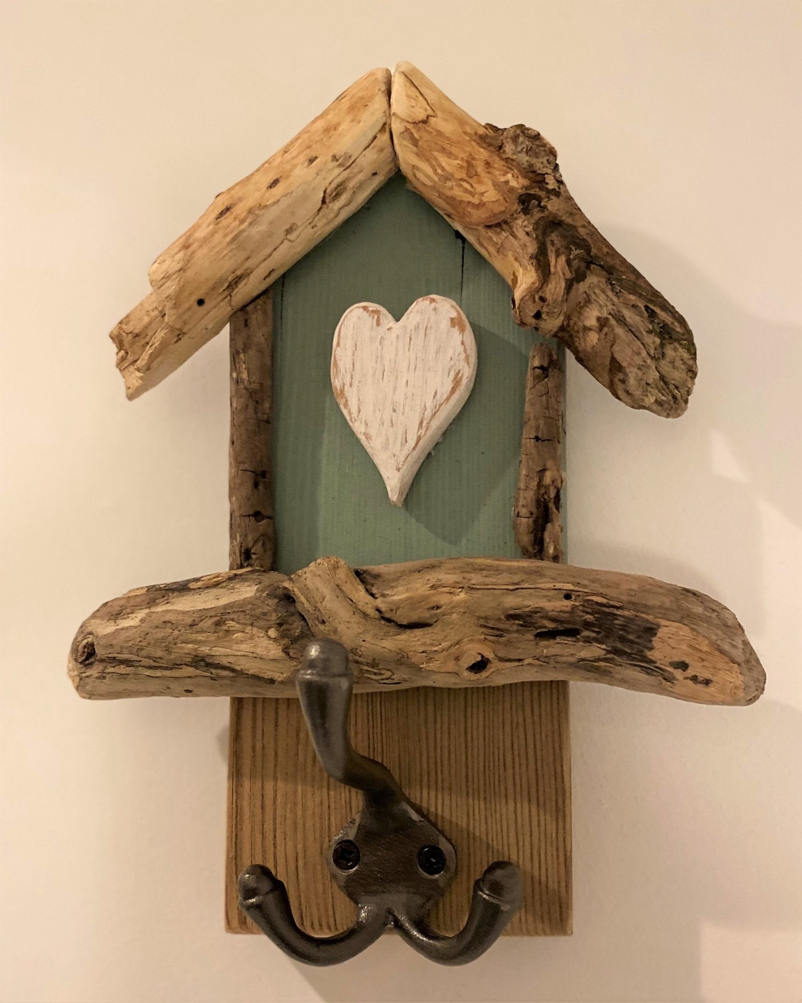 Driftwood Beach Hut Hooks with Heart - Aqua - Drift Craft by Jo