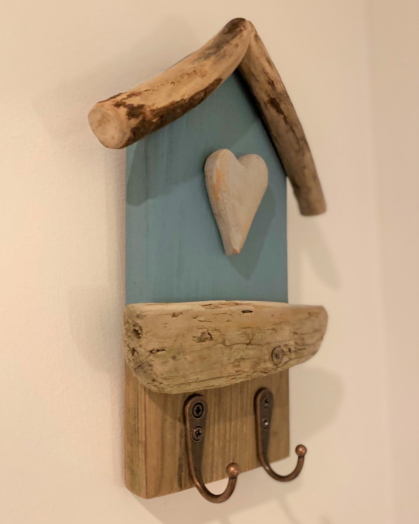 Driftwood Beach Hut Hooks with Heart - Light Blue - Drift Craft by Jo