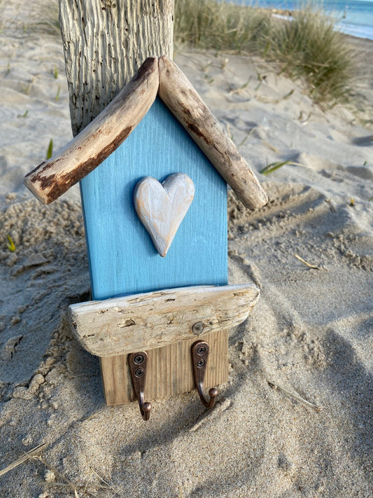 Driftwood Beach Hut Hooks with Heart - Light Blue - Drift Craft by Jo