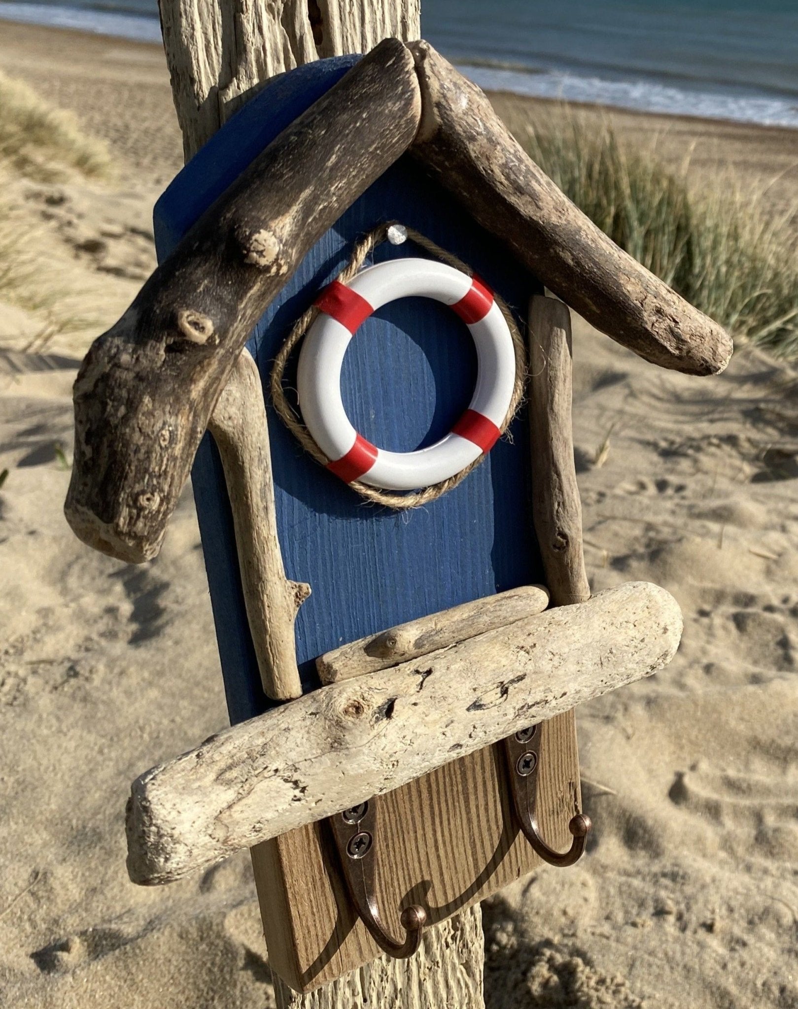 Driftwood Beach Hut Hooks with Lifebuoy - Blue - Drift Craft by Jo